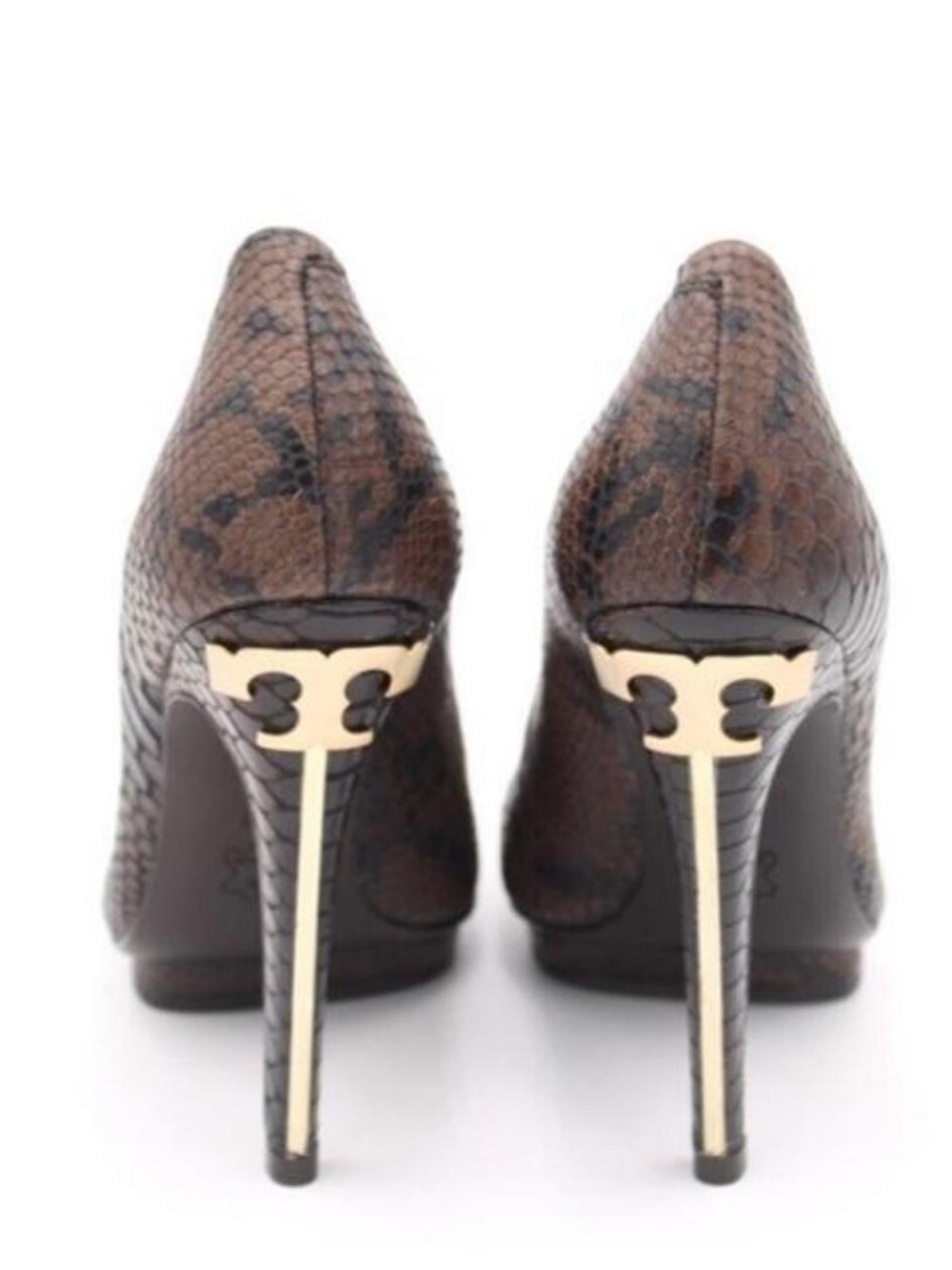 Tory Burch Jude Brown Snake Print Pumps with Gold Logo Heels